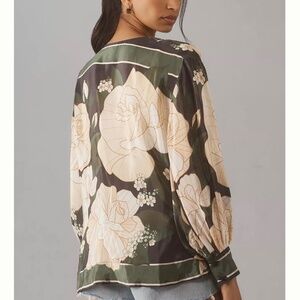 Farm Rio Long-Sleeve Silky Wrap Top green olive